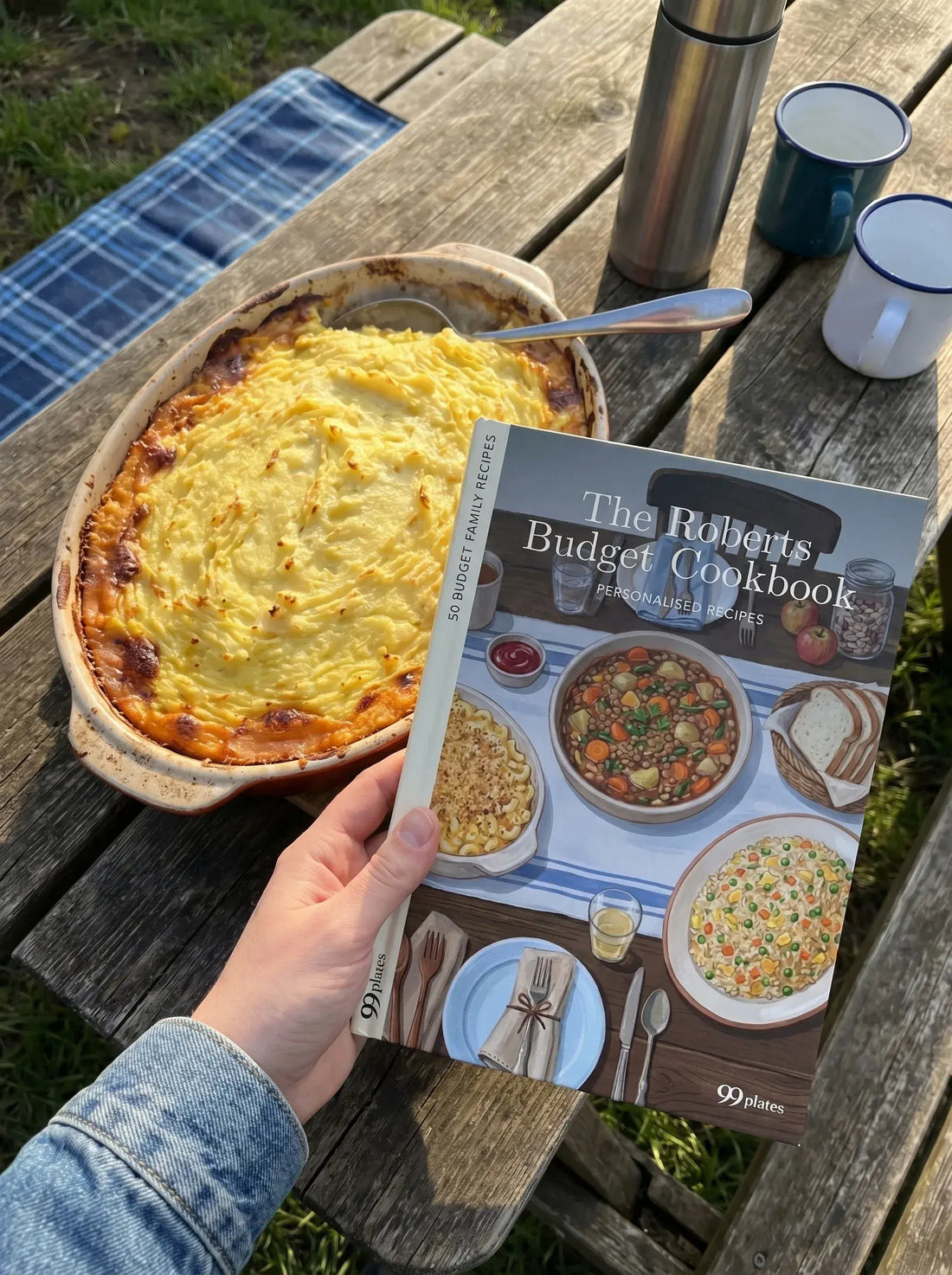 A customer holding their personalised cookbook beside the meal they cooked from it