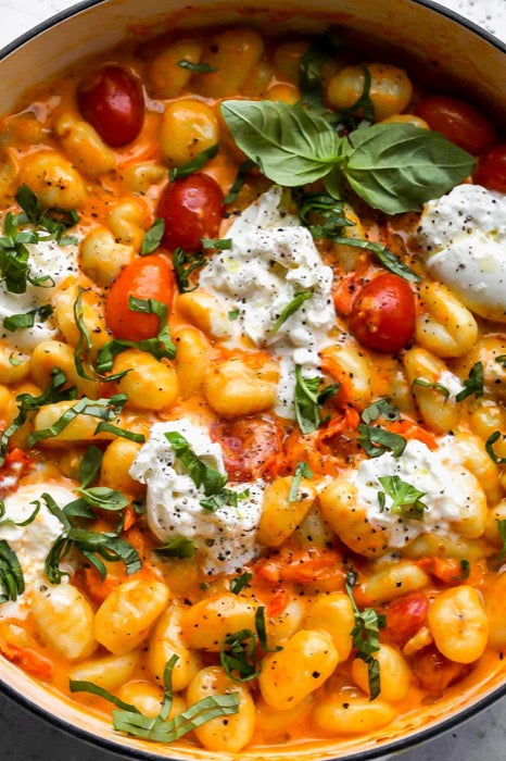 Tomato Gnocchi with Burrata and Basil