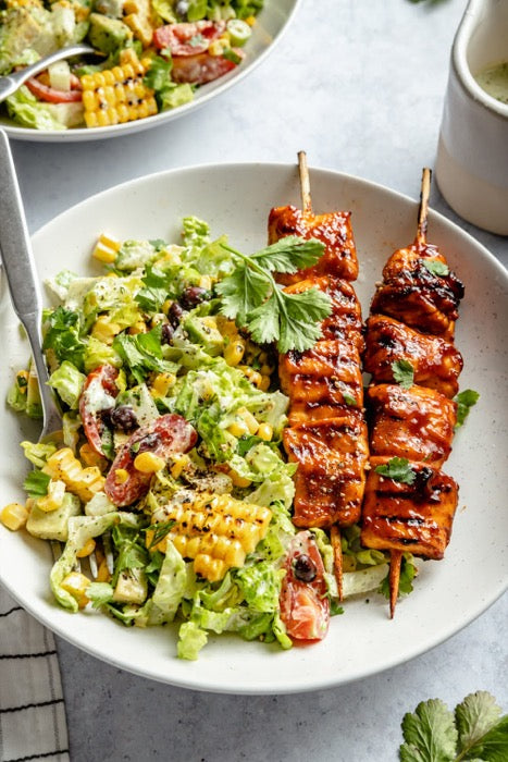 BBQ Salmon Skewers with Charred Corn Salad