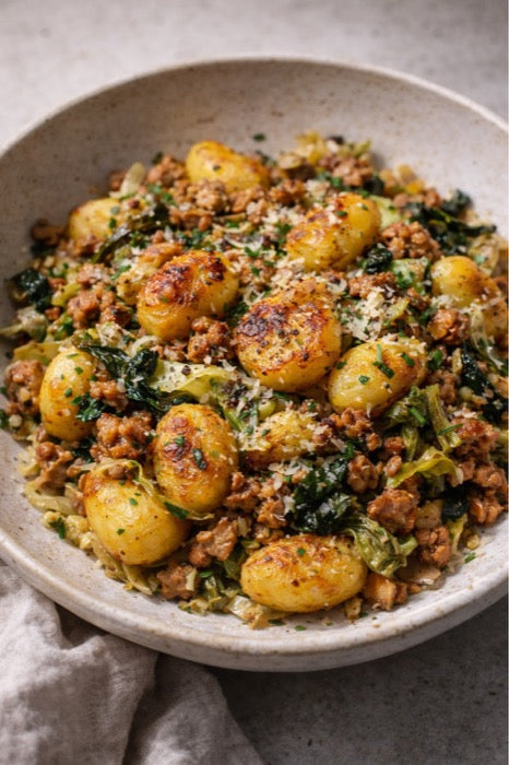 Crispy Gnocchi with Sausage and Savoy Cabbage