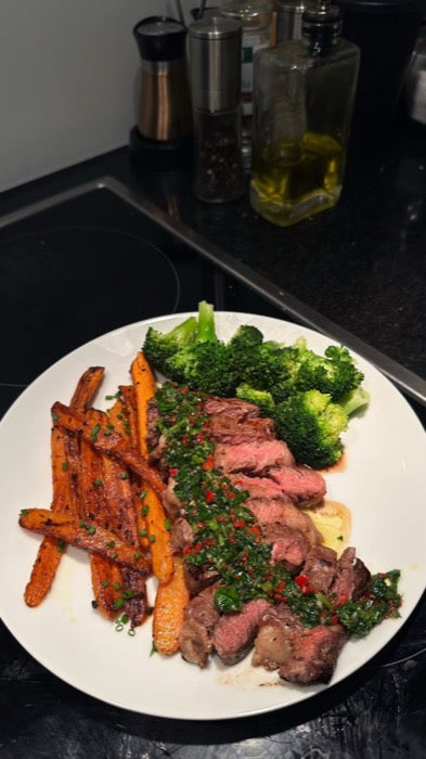 Seared Steak with Chimichurri and Roasted Carrots